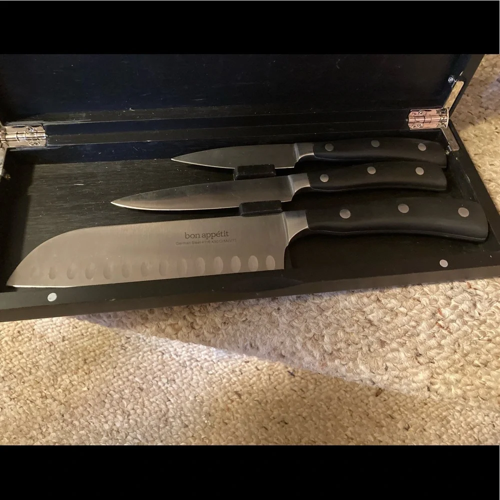 Bon Appetit 3-pc German Steel Cutlery Knives in Black Bamboo Case